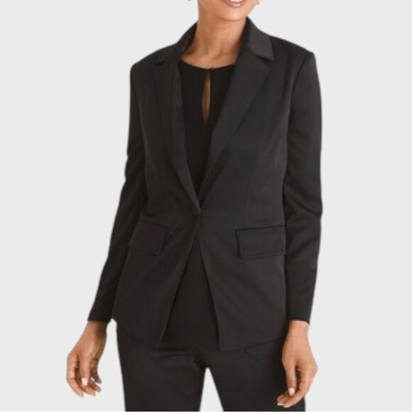 Chico’s Black Label Matte Black Satin Single Button Tuxedo Blazer Women’s Size 8 - Picture 1 of 13